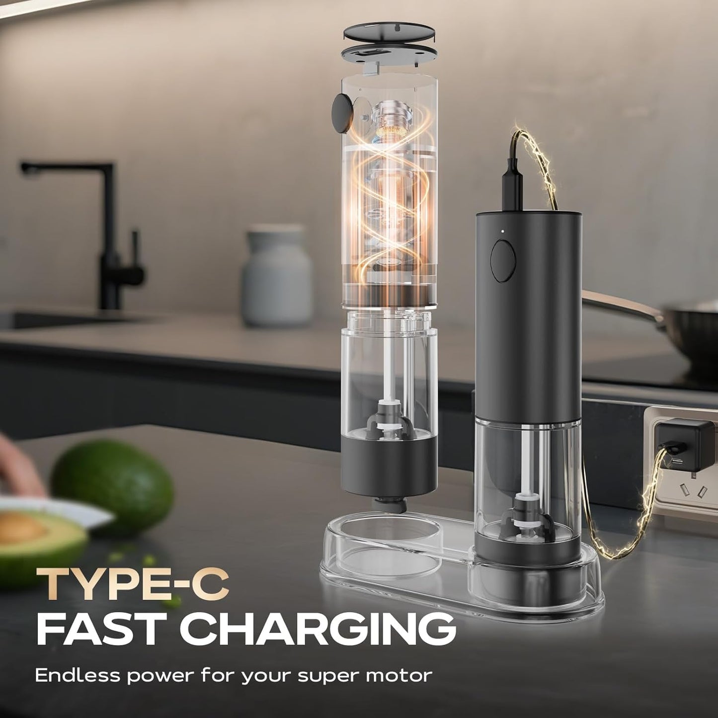 Electric Salt and Pepper Grinder Set, Rechargeable Automatic Salt Pepper Shakers Mills, Adjustable Coarseness Easy Filling with Base, for Kitchen Outdoors Gift- 2 Packs, Upgrade Black