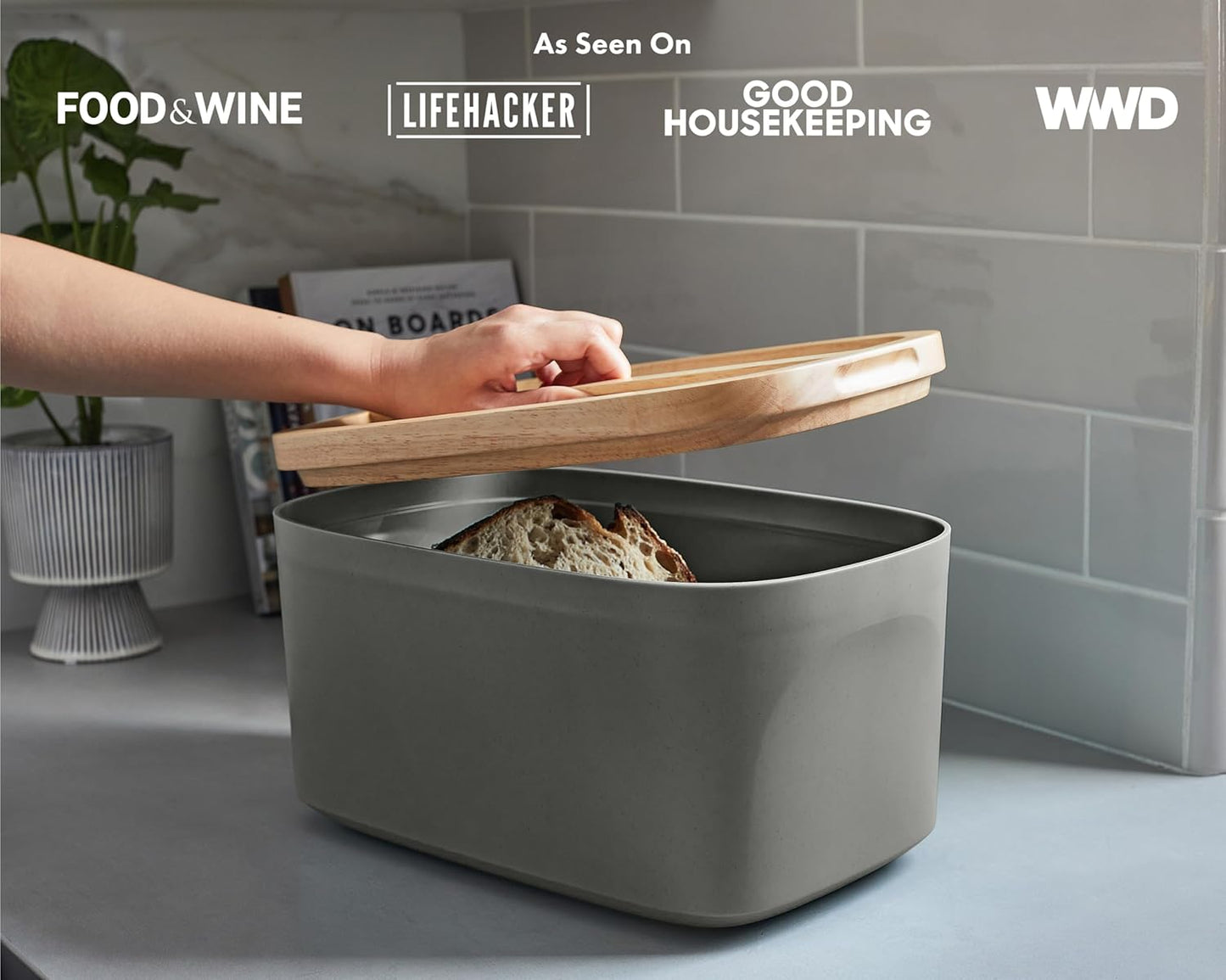 Sonder Los Angeles, Modern Bamboo Fiber and Recycled Plastic Bread Box (Charcoal) for Kitchen Countertop with Reversible Cutting Board Lid, Homemade Bread Bin Storage Container 14.25 x 9.25 x 7 in