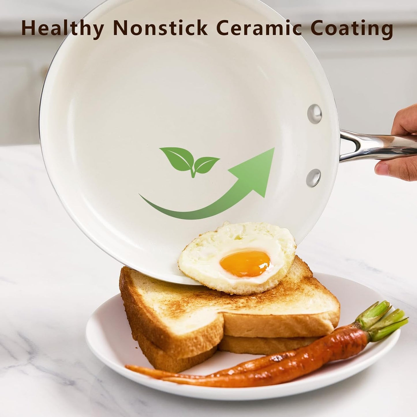 11" Ceramic Nonstick Frying Pan, Skillet, Cooking Pan Non Toxic with Stay Cool Handle for Induction, PTFE & PFAS & PFOA Free, Dishwasher/Oven Safe, White