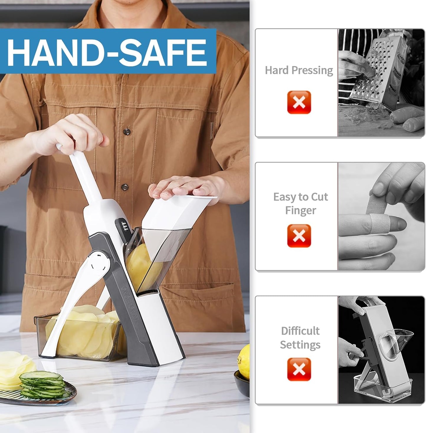 Mandoline Slicer/Veggie chopper for Kitchen &Safe Vegetable Chopper & Adjustable mandoline slicer.Easy to clean/storage/No need to replace the blade/safe and does not hurt your hands, gray