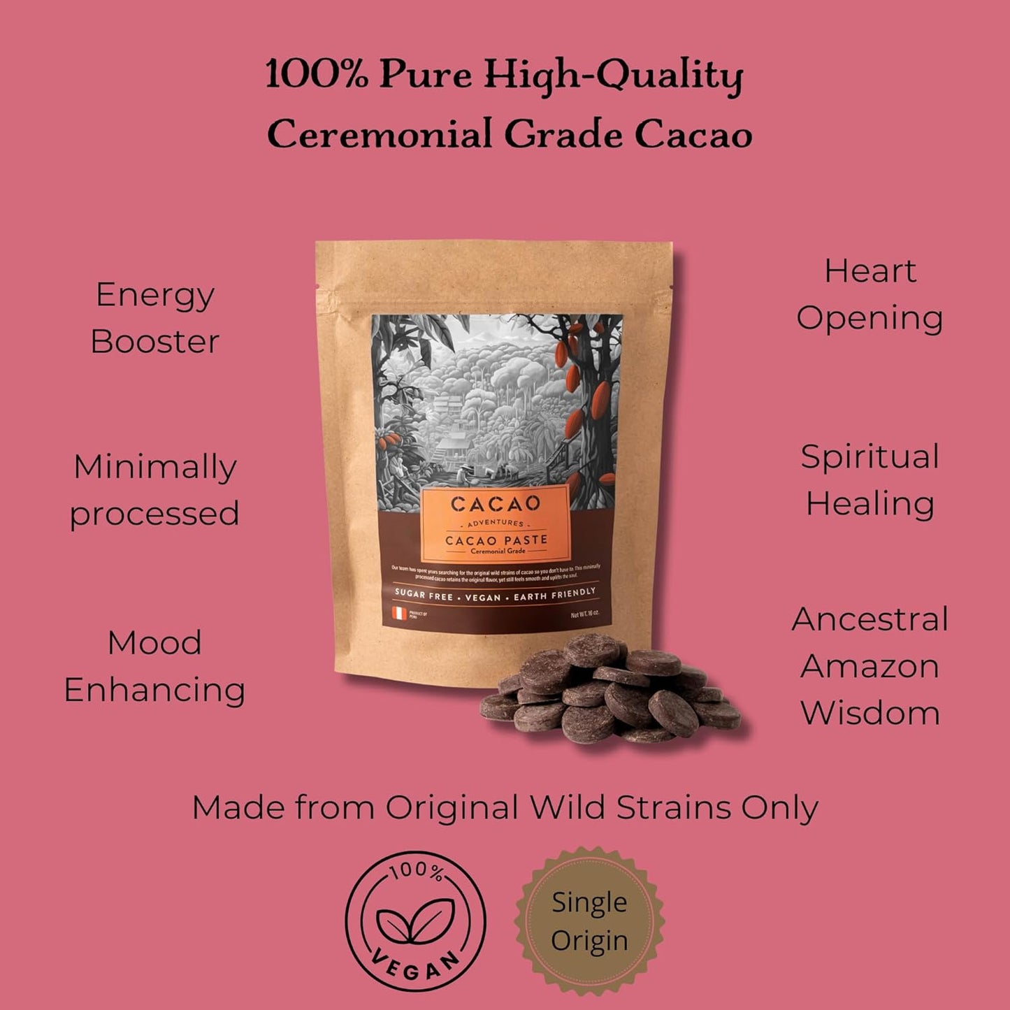 Cacao Adventures Ceremonial Grade Cacao | 100% Pure | Dairy Free & Vegan | Unsweetened |Ethically sourced and sustainably grown |Vegan Peruvian, 5 Pound (Pack of 1)