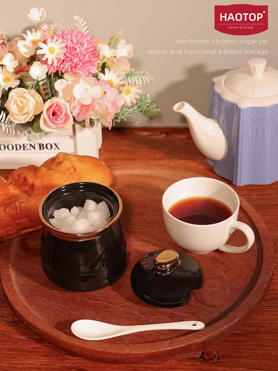 HAOTOP 12oz Sugar Bowl with Lid and Spoon,Simple Ceramic Sugar Jar Sugar Container Sugar Dispenser Coffee Bar Accessories, Modern Kitchen Countertop Canisters, Black