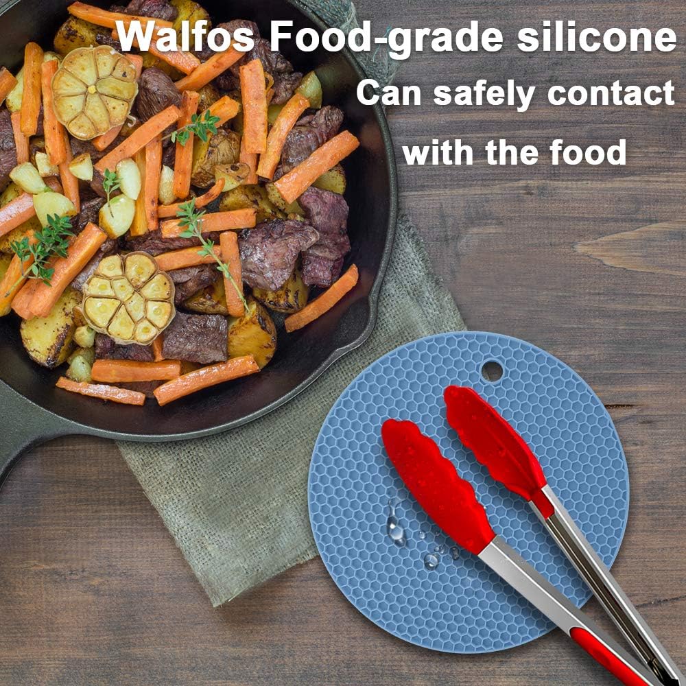 Walfos Silicone Trivet Mats - 4 Heat Resistant Pot Holders, Multipurpose Non-Slip Hot Pads for Kitchen Potholders, Hot Dishers, Jar Opener, Spoon Holder, Food Grade Silicone & BPA Free (Nordic Blue)