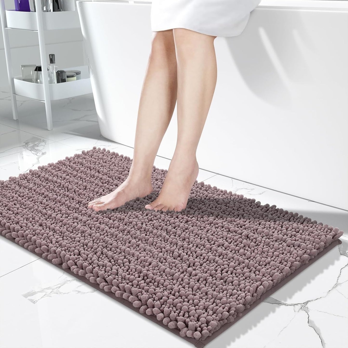 Yimobra Long Bathroom Rugs Non Slip Washable 44x24 Inch - Ultra Soft Absorbent Chenille Bath Mat, Quick Dry Shaggy Floor Carpet for Tub Shower, Mauve Home Decor Accessories