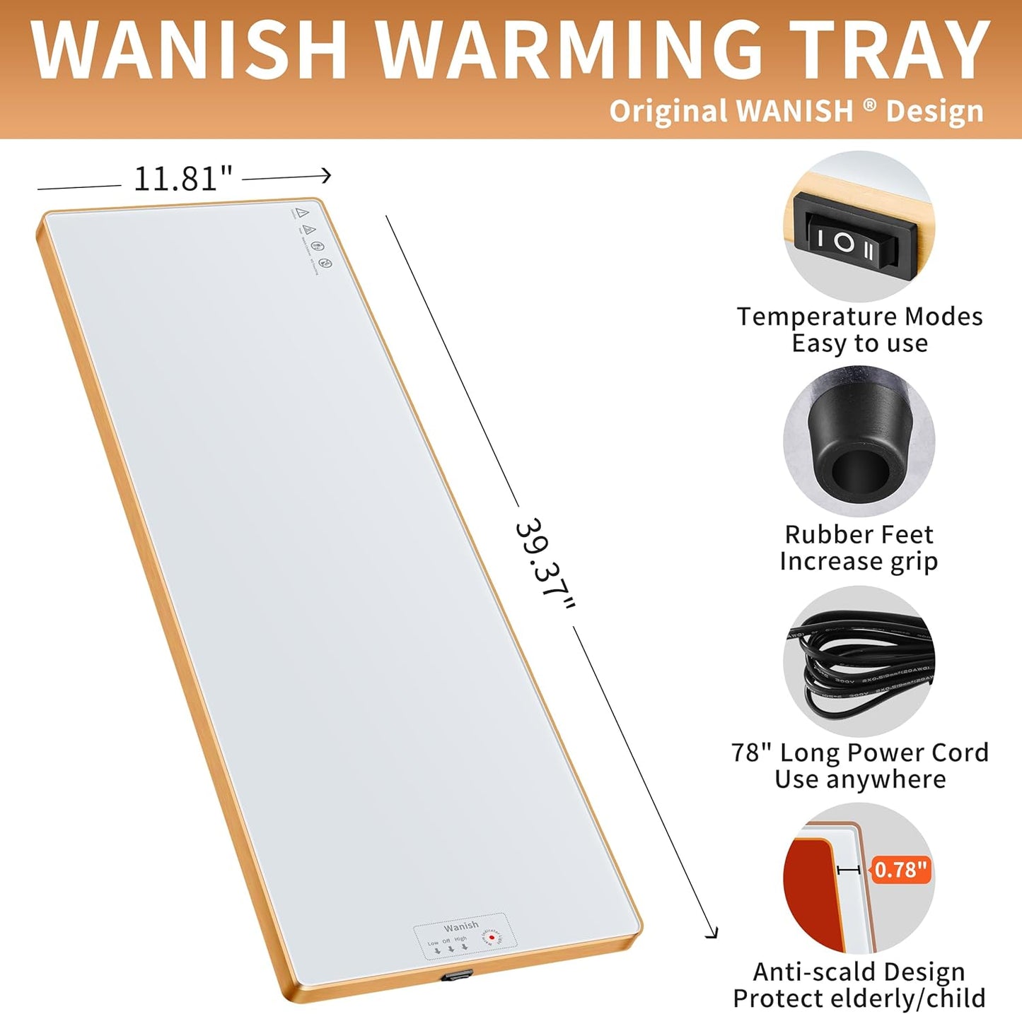 Electric Warming Tray (Extra Long 40"x12")，Food Warmers for Parties Buffet with Thermostat & Full Surface Heating, Tempered Glass Warming Mat for Food, Temperature Adjustable Food Warming Mat, White