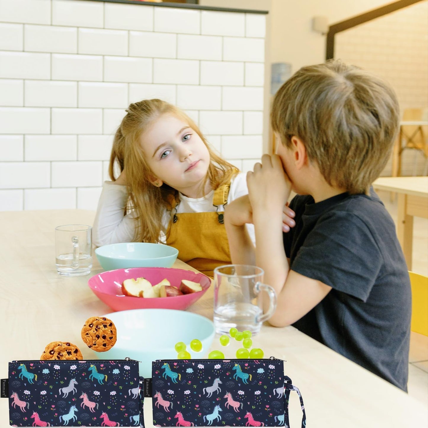 Reusable Sandwich Bag/Snack Bag for Kids & Adults, Dual Layer Lunch Bag with Handle, Washable, Food Safe, BPA Free (2-Pack, Colorful Unicorn)