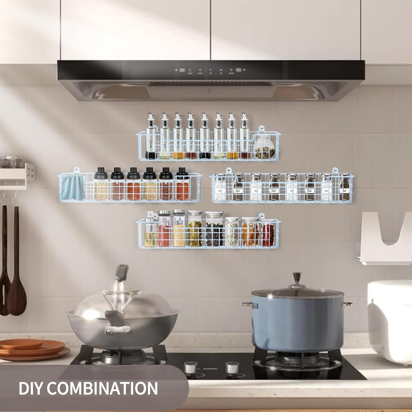 Spice Rack Wall Mount, 4-Pack Seasoning Organizer for Kitchen Storage Organization, Metal Spice Holder Saving Space Shelf for Cabinet, RV, Pantry, Blue