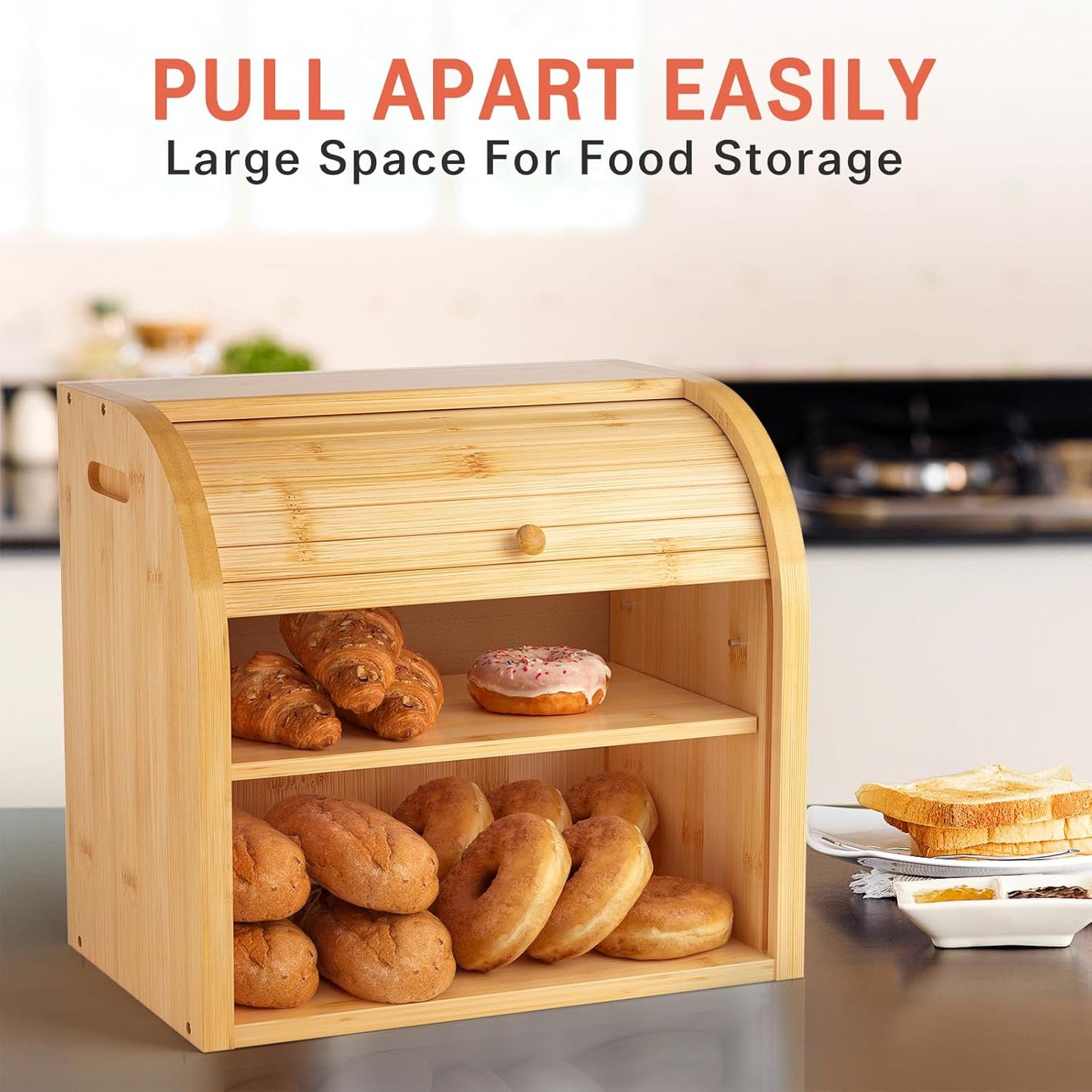 G.a HOMEFAVOR Roll Top Bread Box for Kitchen Counter, Large 2-Tier Bamboo Bread Storage Container, Bread Holder Food Bin for Countertop, Self-Assembly