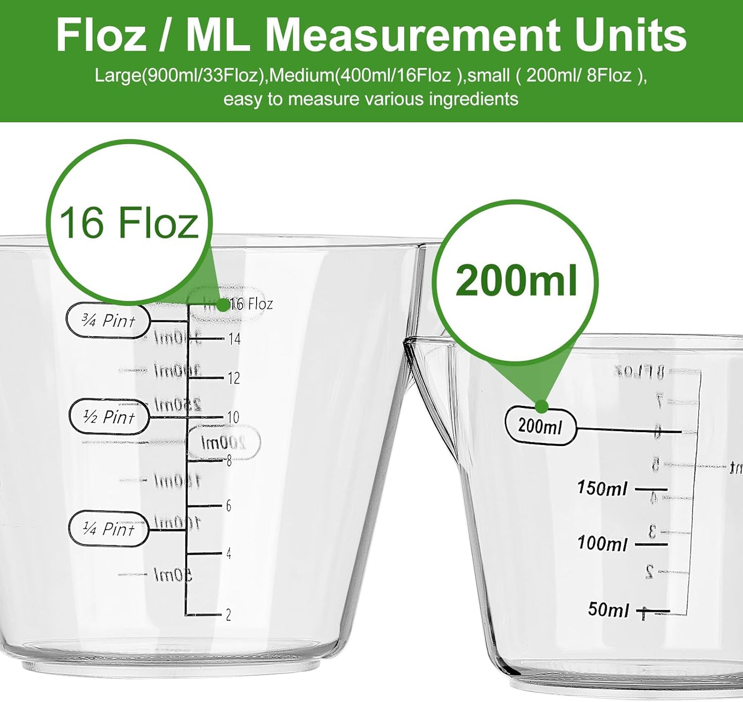 Plastic Measuring Cups Set, 3Pcs BPA Free Stackable Clear Measuring Cup with Spout and Angled Grip Handle, Includes 1 Pint, Oz, ML Measurement for Kitchen Cooking