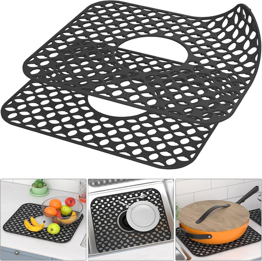TOOVEM Kitchen Sink Mats, 2PCS Non-Slip Heat Resistant Silicone Sink Protector Mat, Folding Farmhouse Rear Drain Sink Mats (Type2: Center Drain, Black)