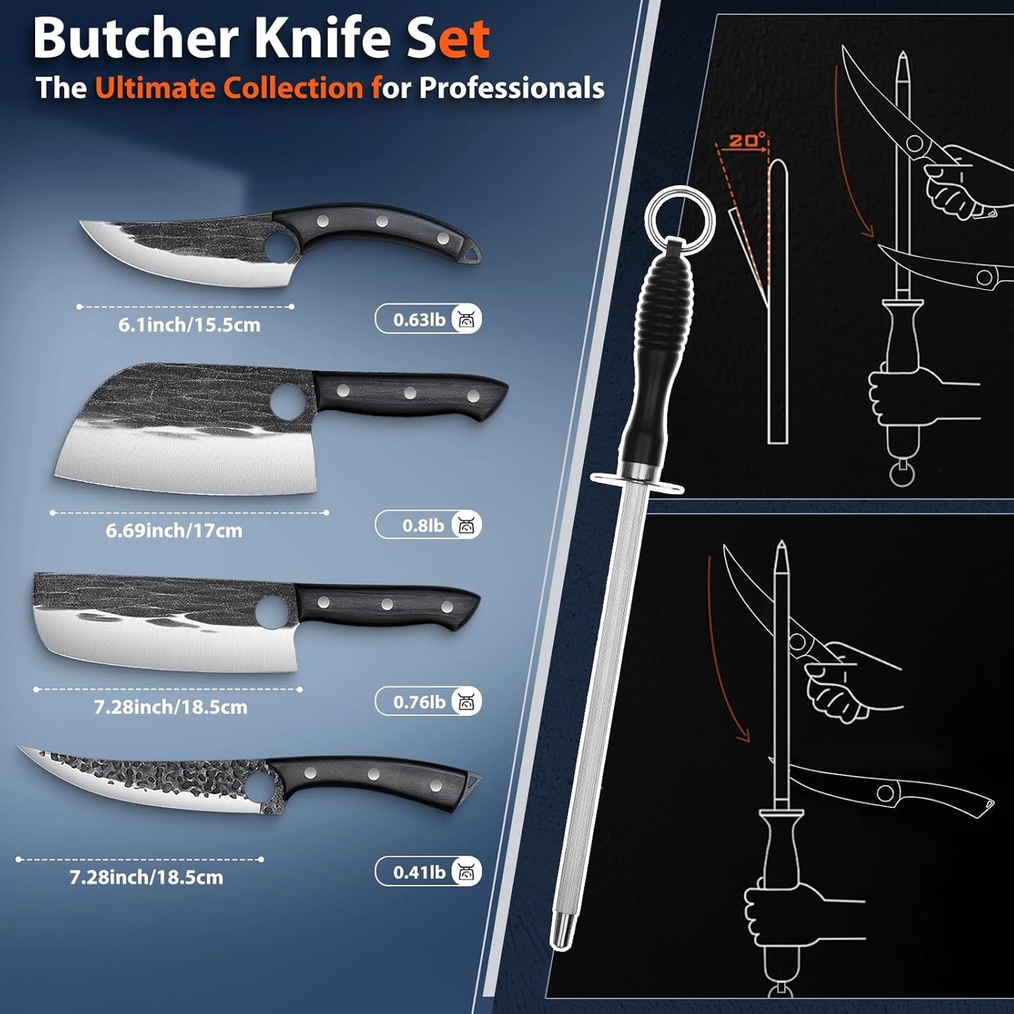 TIVOLI Professional Butcher Knife Set for Meat Processing, 7Pcs High Carbon Steel Hand Forged BBQ Knife Sets, Serbian Chef Knife Set with Ergonomic Handle for Kitchen Outdoor Cooking Father's Day Gift