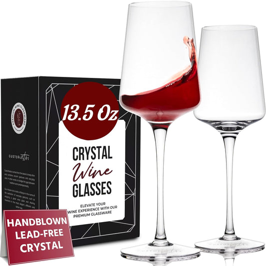 Gusto Nostro Crystal Wine Glasses Set of 2, 13.5 Oz Long Stem Modern Wine Glasses for White and Red Wine, Dishwasher Safe, Fancy, Elegant, Large and Tall Wine Glass for Wedding Christmas Anniversary