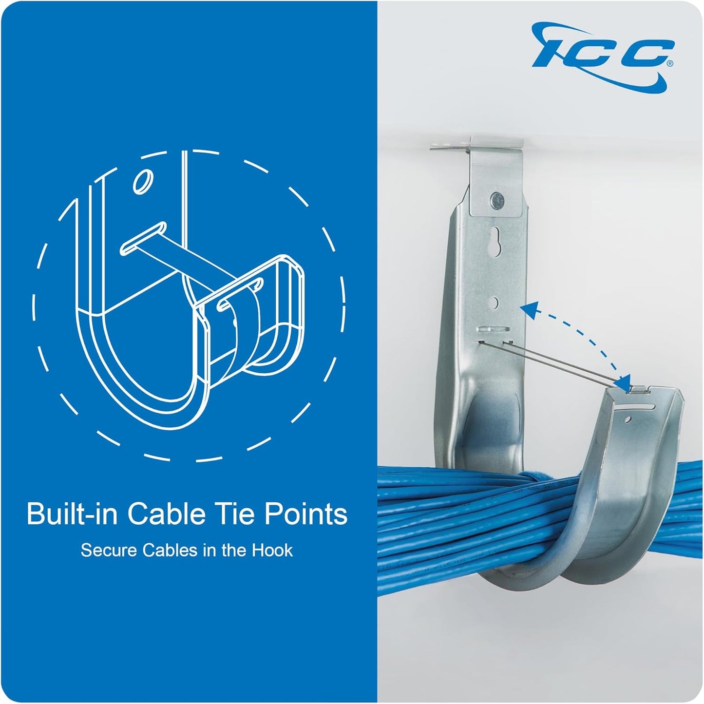 ICC Ceiling Mount J Hook 3/4” Without Retainer Clip - Galvanized Steel Cable Management Hooks for Hanging Cable - Rust-Resistant, EIA and TIA Compliant - 3/4 Inch 25 Pack