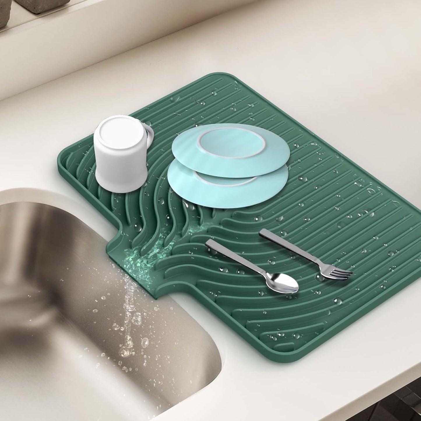 Silicone Dish Drying Mat for Kitchen Counter with Built-in Drain, Easy Clean Pad for Countertop Protection, Fast Self-Draining Slope, Non-Slip, Multiple Use 17.7 x 11.8 Inch (Dark Green)