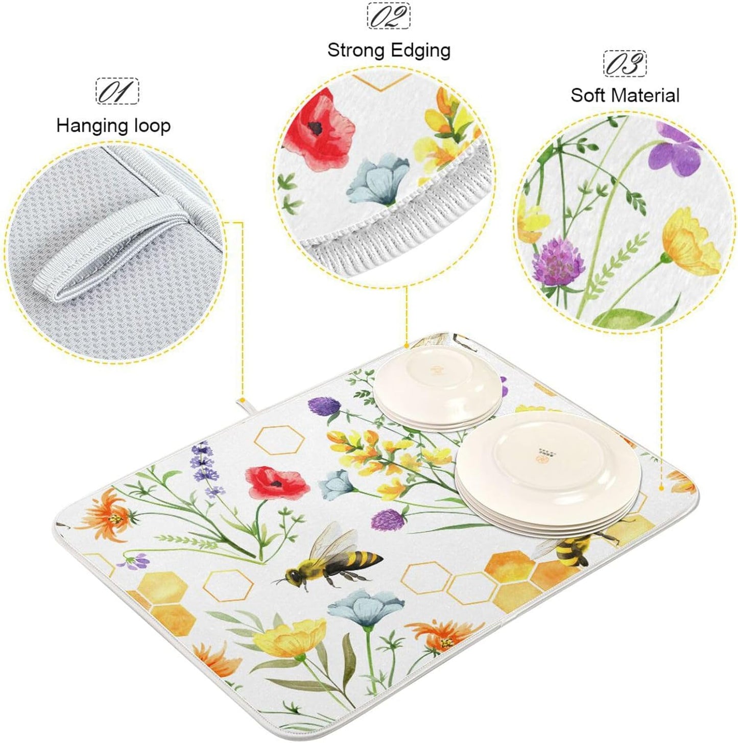 Wildflowers and Bees Dish Drying Mat for Kitchen Counter Absorbent Microfiber Drying Pad, Medium 16x18 in, Reversible Drainer Mats