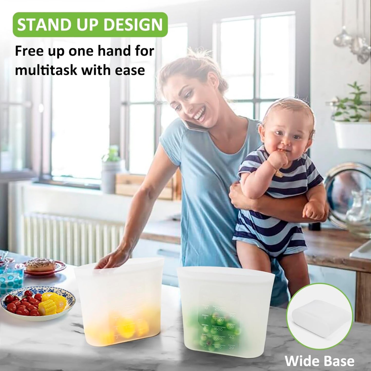 Reusable Storage Bags, Large-Size Set, 12 Pack 100% Silicone Food Storage Bags Stand Up Zip Lock Bags for Food, Freezer Microwave Oven Dishwasher Safe, 4 XL-0.8 Gallon + 4 L + 4 M, Translucent