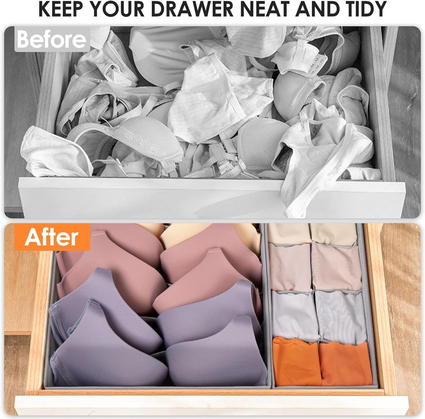 Drawer Organizer Clothes, 8 Pack Dresser Organizer Bins for Baby Clothes, Underwear Sock, Fabric Closet Organization and Storage Dividers for Nursery Bedroom (48 Compartments, Grey)