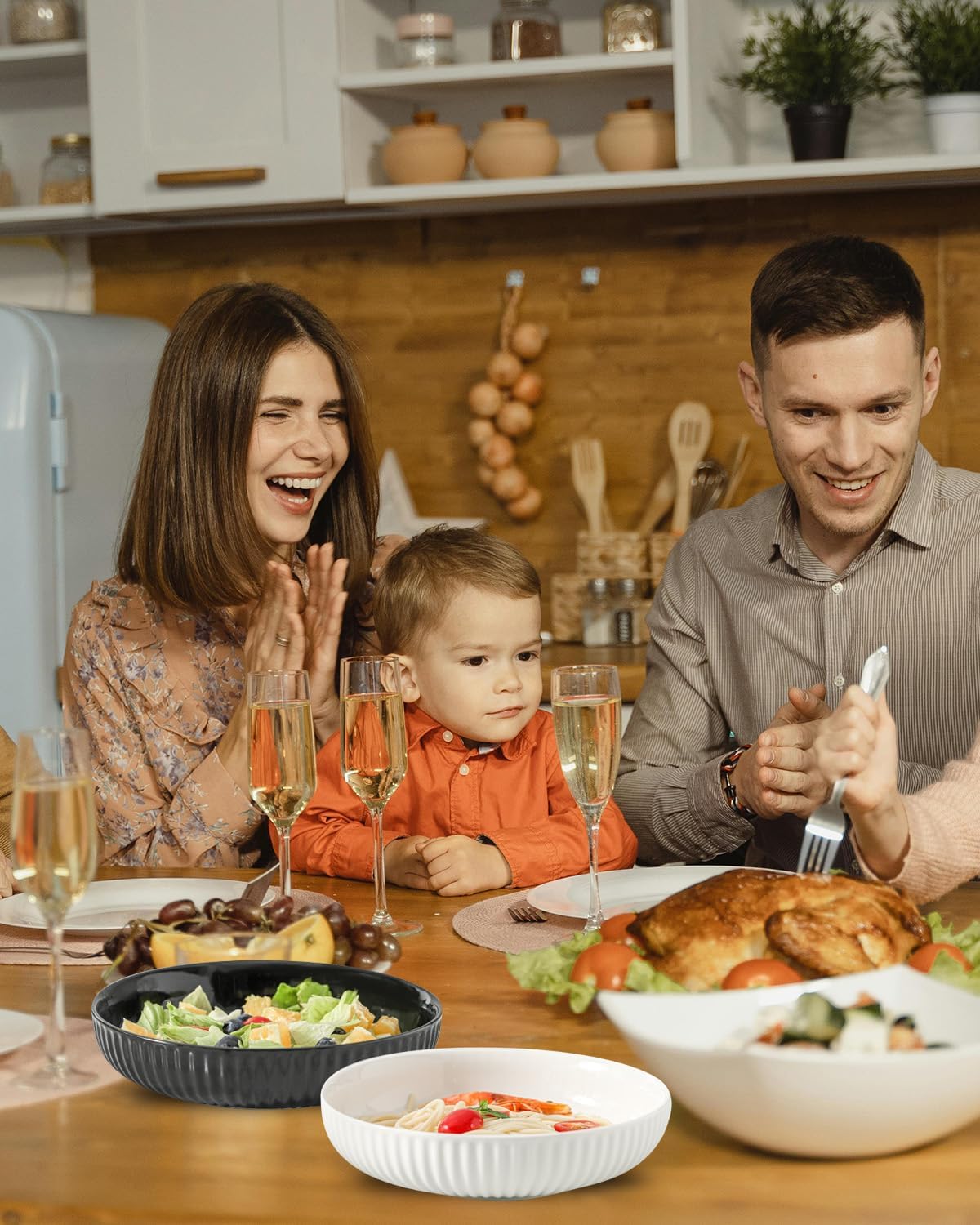 Hasense Pasta Bowls Set of 2, 30 oz Large Pasta Serving Bowls, 8 Inch Salad Bowls for Kitchen, Wide and Shallow Pasta Plates, Ideal Home Decor for Mother's Day Present, Microwave & Dishwasher, Black