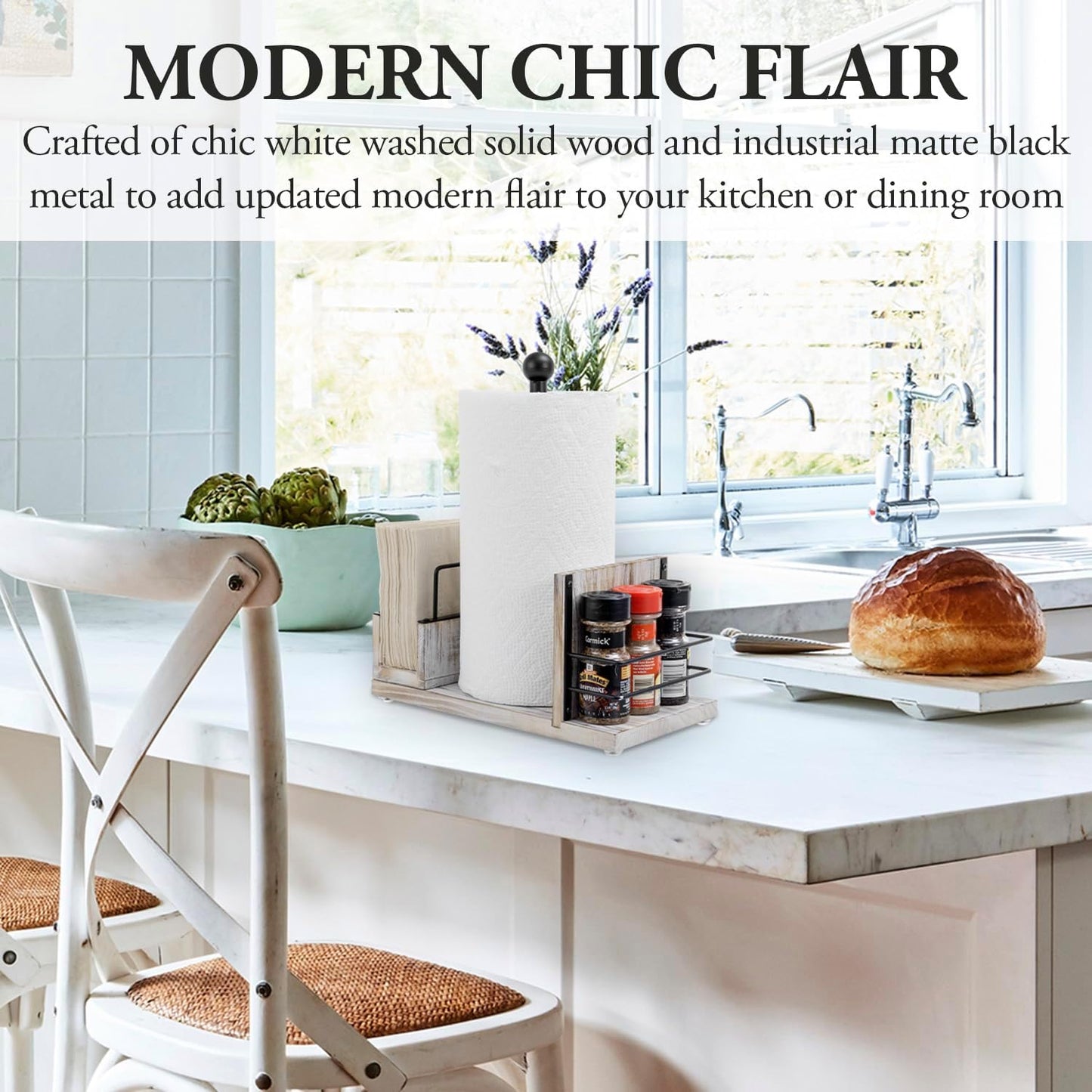 MyGift All-in-One Paper Towel Holder Kitchen Caddy, Shabby Chic Whitewashed Solid Wood and Industrial Matte Black Metal Dining Combo Rack with Paper Towel Dispenser, Napkin Holder, and Spice Rack
