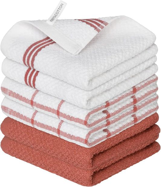Artoid Mode Ring Spun Cotton Red Dishcloth Kitchen Towels, 12x12 Inch Ultra Soft Absorbent Quick Drying Household Cleaning Kitchen Rags Set of 6