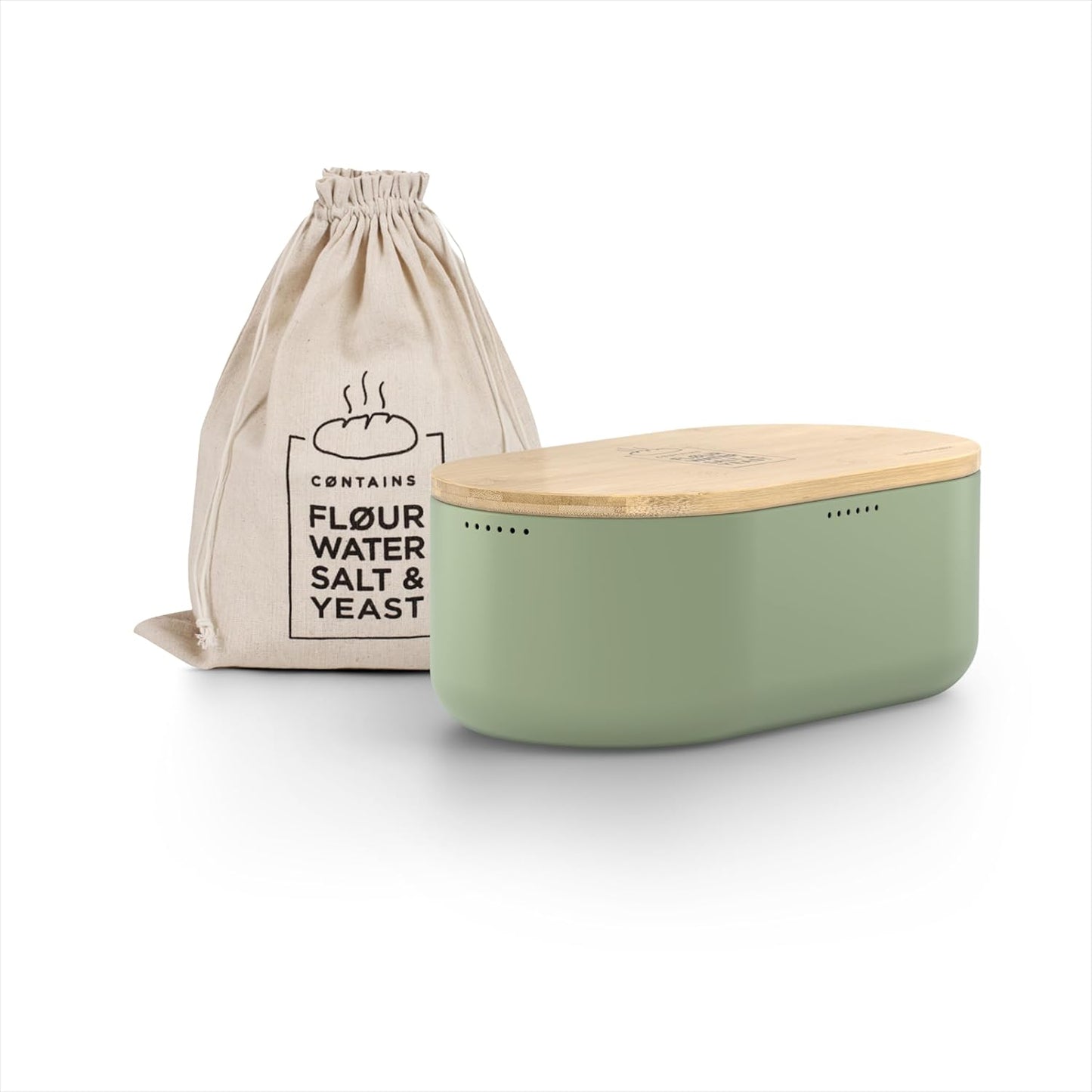 LARS NYSØM Bread Box I Metal Box with linen bag for long lasting freshness I Bread Bin with bamboo lid usable as cutting board I 14.2x7.5x5.1 In (Sage Green)