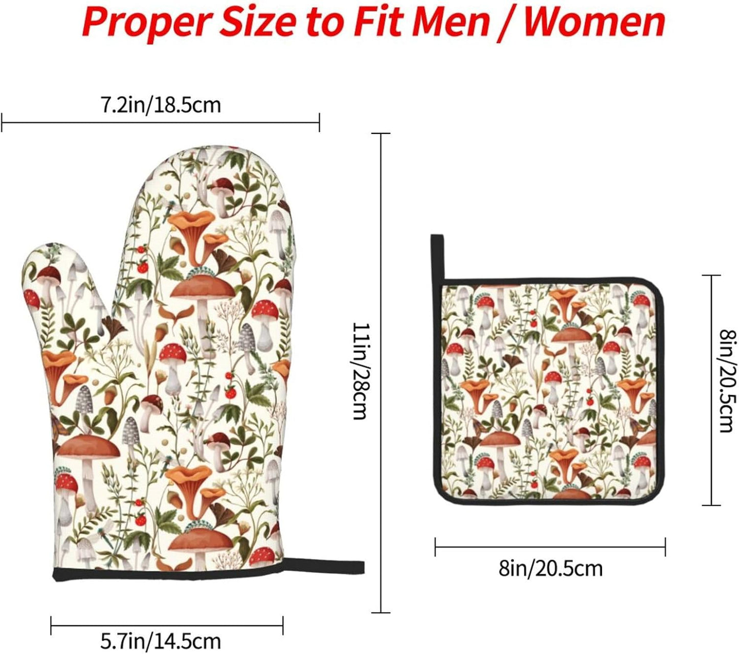 Boho Mushroom Decor Oven Mitts and Pot Holders Sets of 3 Hot Pads Cute Botanic Plant Beige Oven Gloves Heat Resistant Non Slip Washable for Kitchen Cooking Grilling Baking