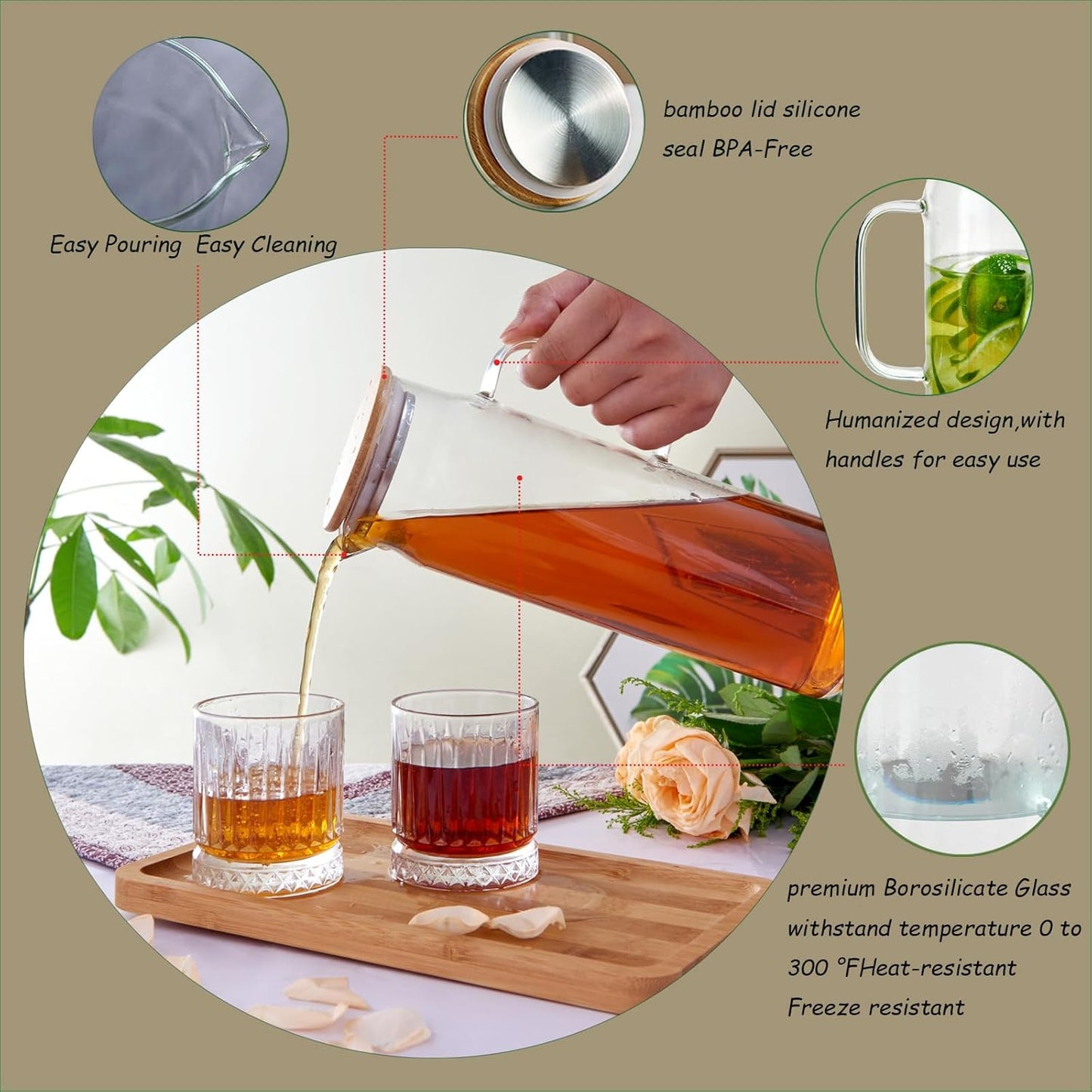 50oz Glass Pitcher with Lid, Glass Water Carafe with Handle, Fridge Water Jug Cold or Hot Beverages, Iced Tea, Milk, Juice (set of 3)