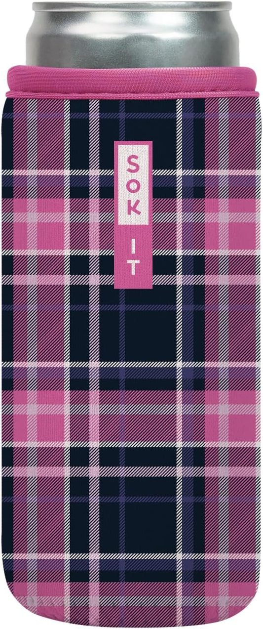 Sok It CanSok Sleeve for Beer & Soda Insulated Neoprene Cover (Berry Plaid, 12oz Slim Can Sleeve)