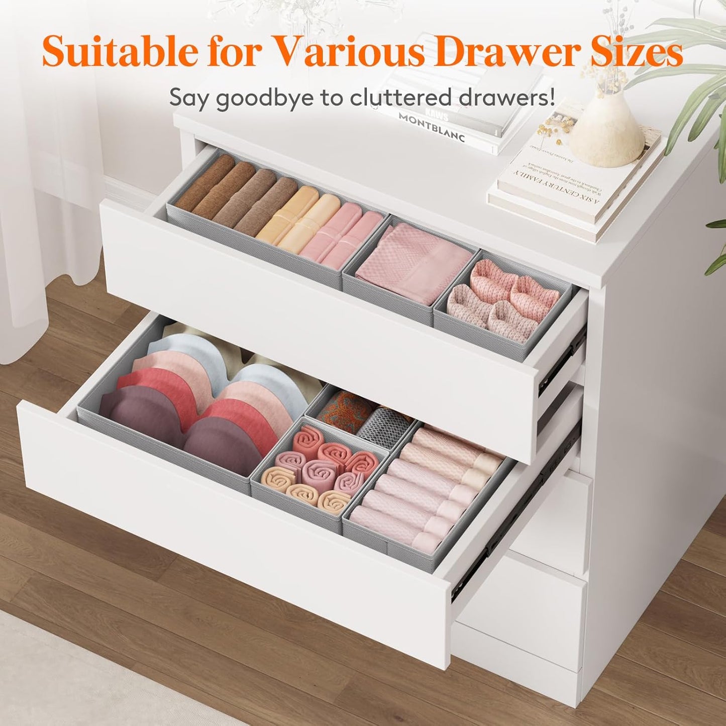 Lifewit Drawer Organizer Clothes for Closet 24 Pack, 3 Sizes Underwear Wardrobe Drawer Dividers, Fabric Foldable Dresser Storage Organizer Bins for Sock, Bra, Lingerie, Undies, Grey