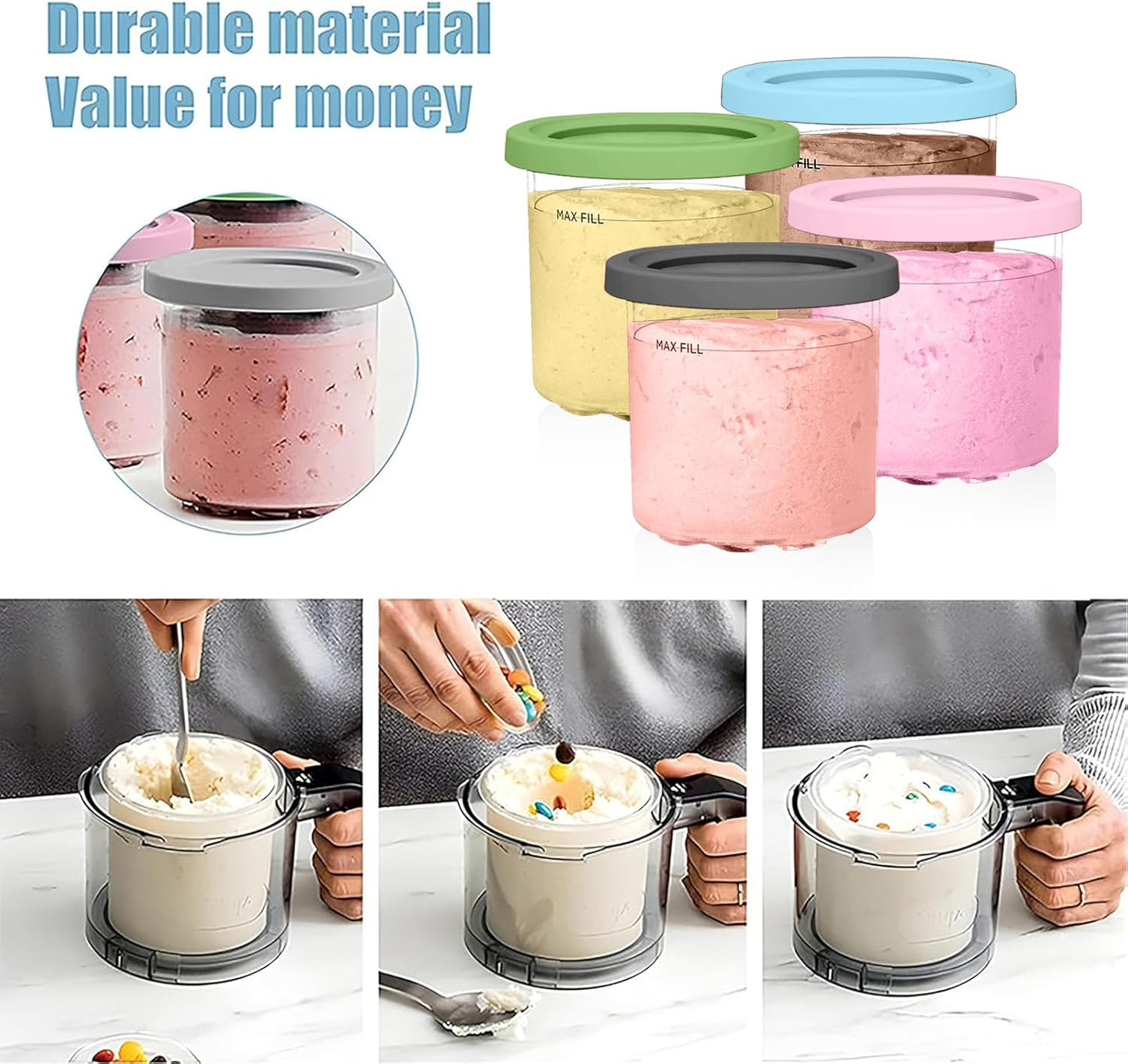 Containers Replacement for Ninja Creami Pints and Lids - 4 Pack, 16oz Cups Compatible with NC301 NC300 NC299AMZ Series Ice Cream Maker - Dishwasher Safe, Leak Proof Lids Pink/Mint/Grey/Blue