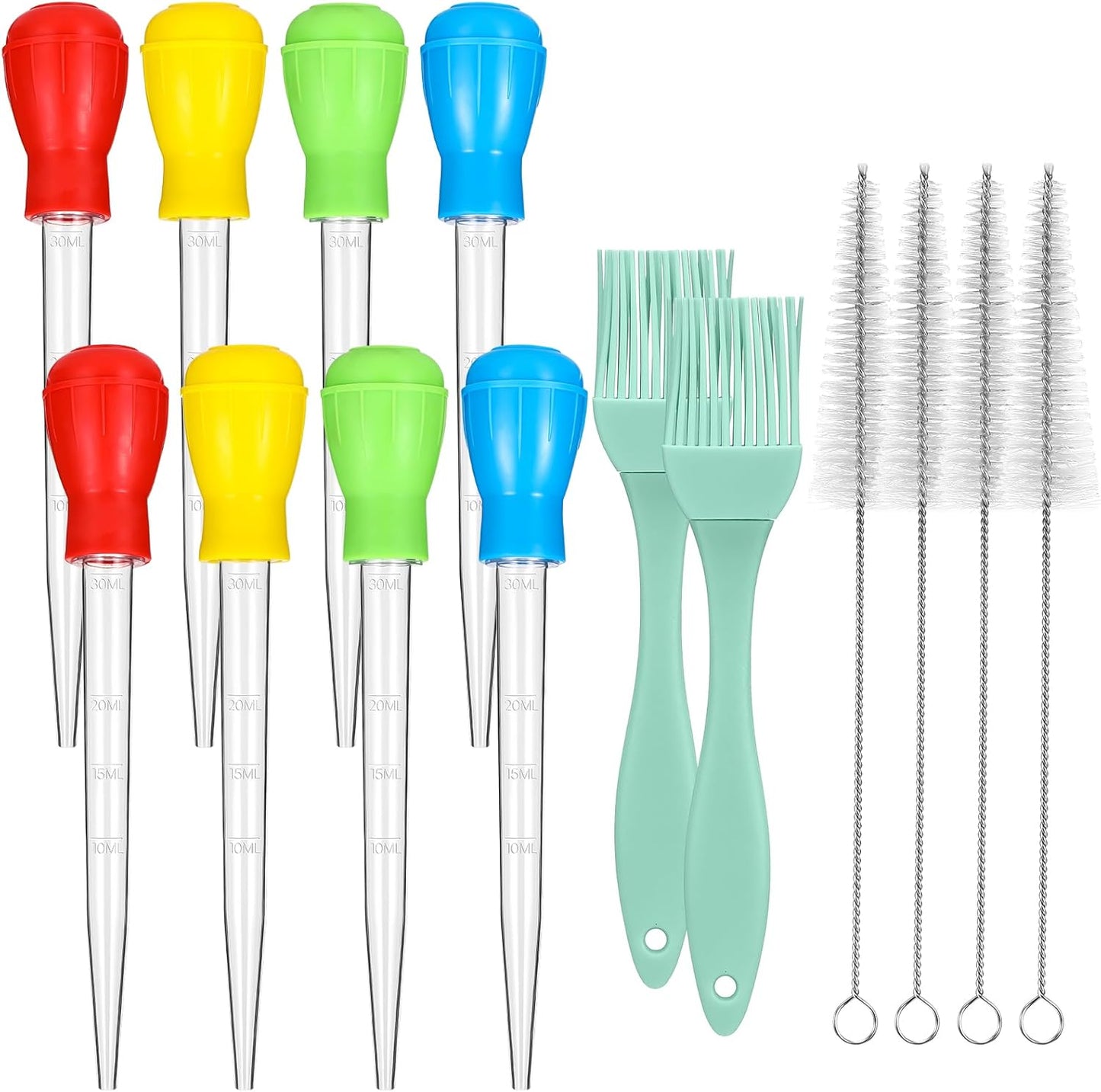 Boao 14 Pcs Heat-resistant Turkey Baster Cooking Set Includes 8 Pcs 11 Inch Turkey Baster, 2 Silicone Basting Brush, 4 Cleaning Brush for Thanksgiving Cooking, BBQ Grill, Baking Meat(Bright Color)