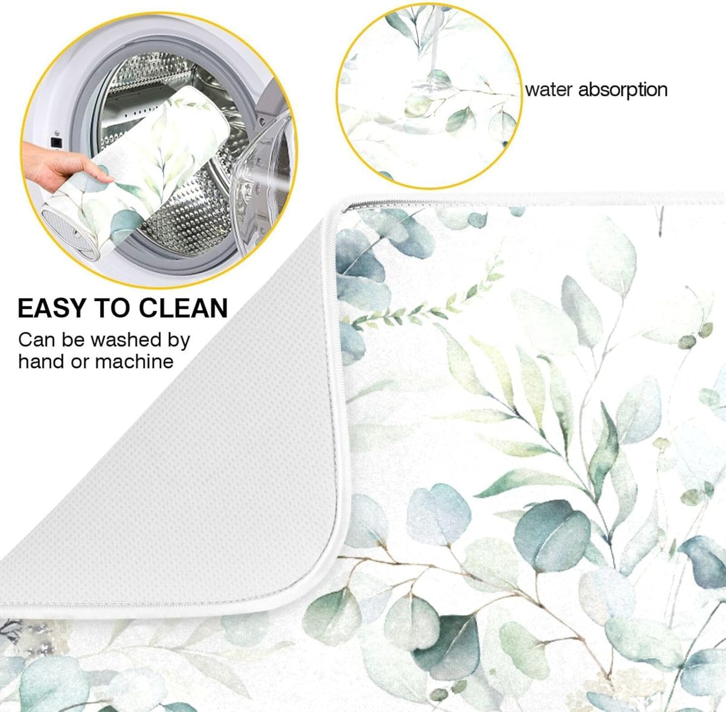 Green Sage Eucalyptus Leaves Dish Drying Mat for Kitchen Counter Absorbent Microfiber Drying Pad, Medium 16x18 in, Reversible Drainer Mats