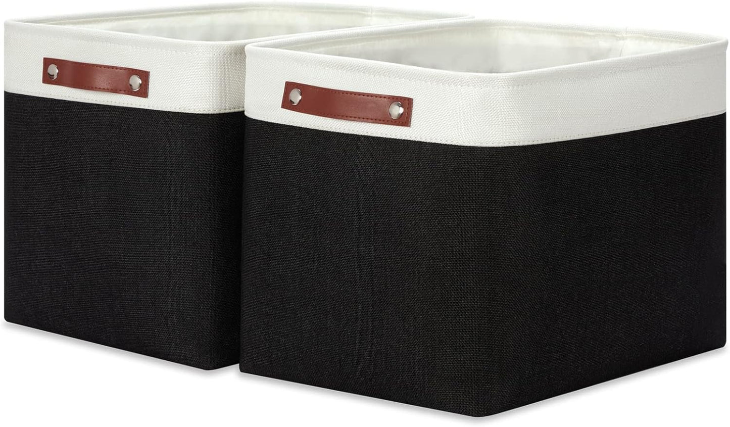 HNZIGE Decorative Organizer Baskets for Shelves 16"×11.8"×11.8" Large Storage Bins with Leather Handles (2 Pack) Foldable Storage Basket for Storage Bedroom, Balcony, Home, Laundry (Black&White)
