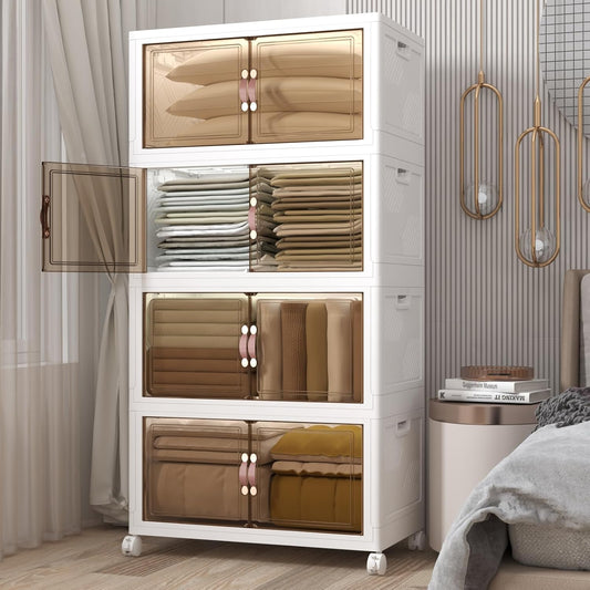 Extra Large Stackable Storage Bins with Lids and Wheels, Foldable Collapsible Closet Organizers,672QT-168QT/42GAL*4Pack Plastic Stackable Storage drawers for bedroom Dorm