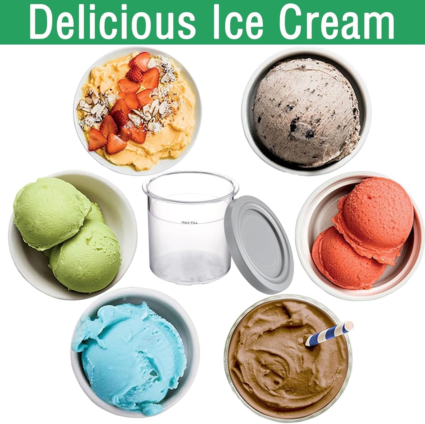 Creami Pints and Lids for Ninja NC301 CREAMi Ice Cream Maker - 4 pack Ice cream Containers Cups Set, 16oz Creami Pint Containers and Lids fit Ninja NC299AMZ NC300 Creamer Ice Cream Maker Accessories