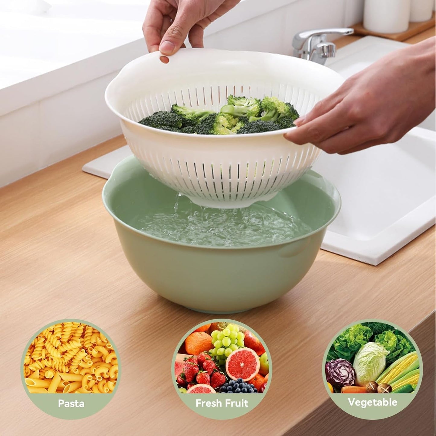 Colander Bowl Set of 2, Nesting Large Capacity Plastic Food Strainer for Pasta, Vegetables and Fruits Washing Draining Basket, Space Saving, BPA Free