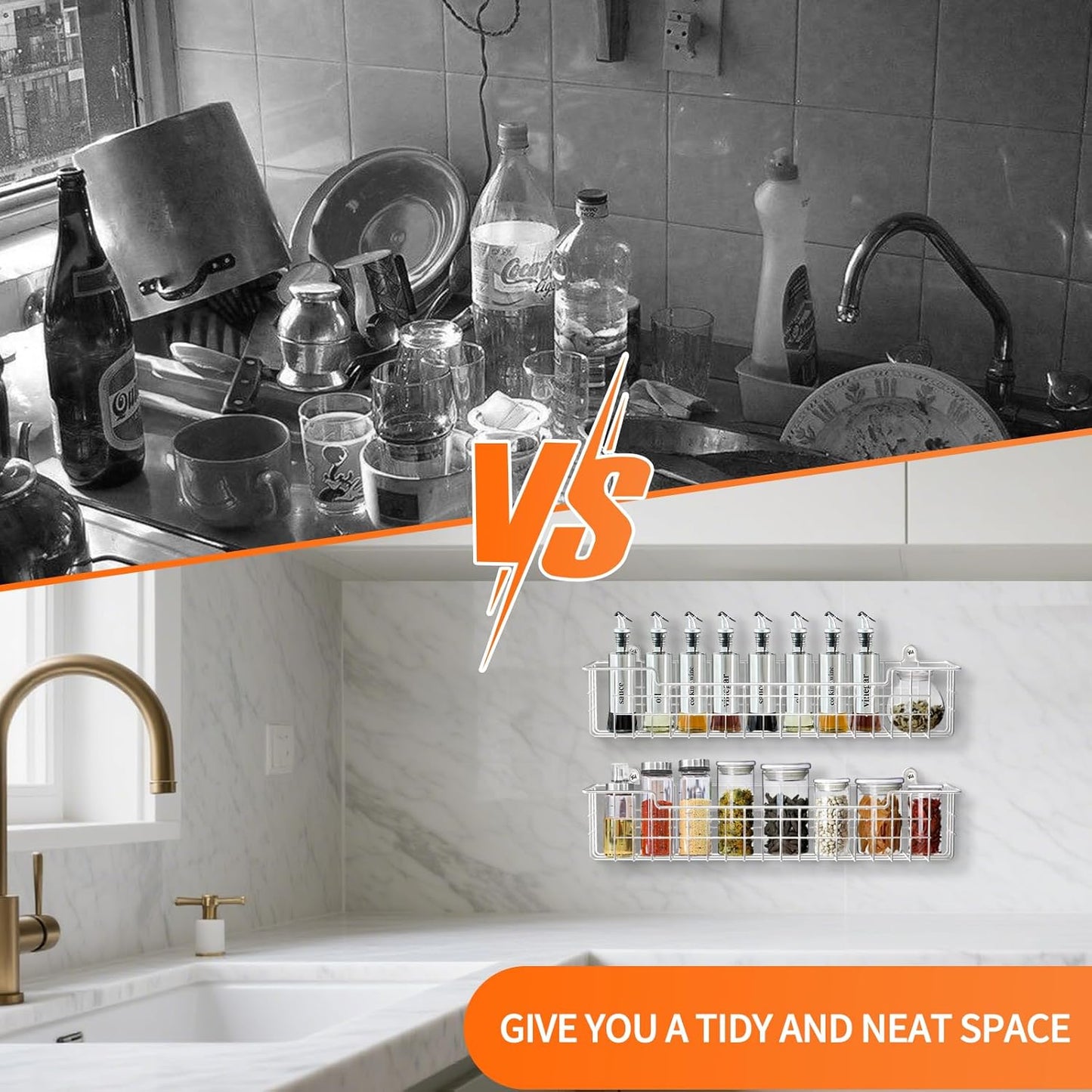 Spice Rack, 4-Pack Seasoning Organizer Wall Mount for Kitchen Storage Organization, Spice Holder Metal Shelf Saving Space for Cabinet, RV, Pantry, White