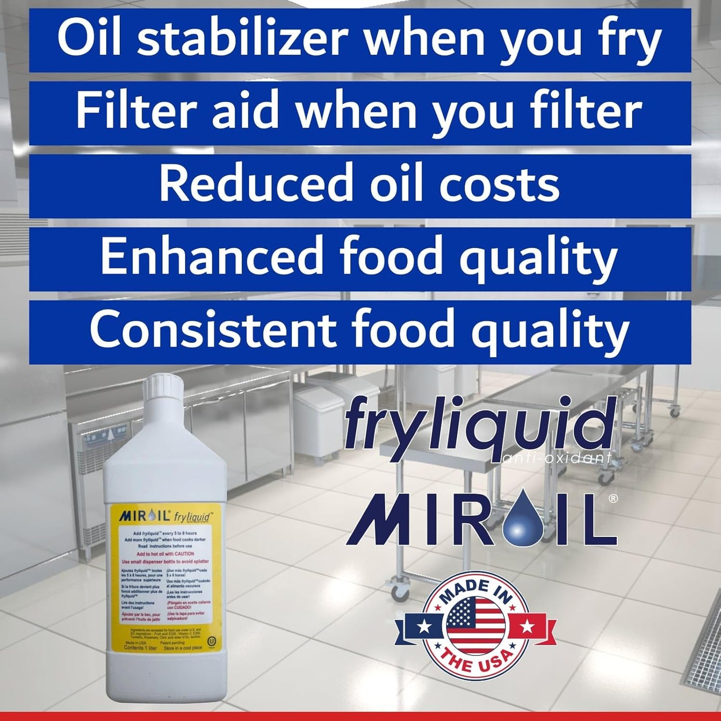3 x 1 Liter Bottle FryLiquid by MirOil, Antioxidant & Removes Unhealthy Fats, Prevents Breakdown, Vitamin Therapy & Extends Deep Fryer Oil Life for Donut Shops, Restaurants, Food Trucks & Food Service