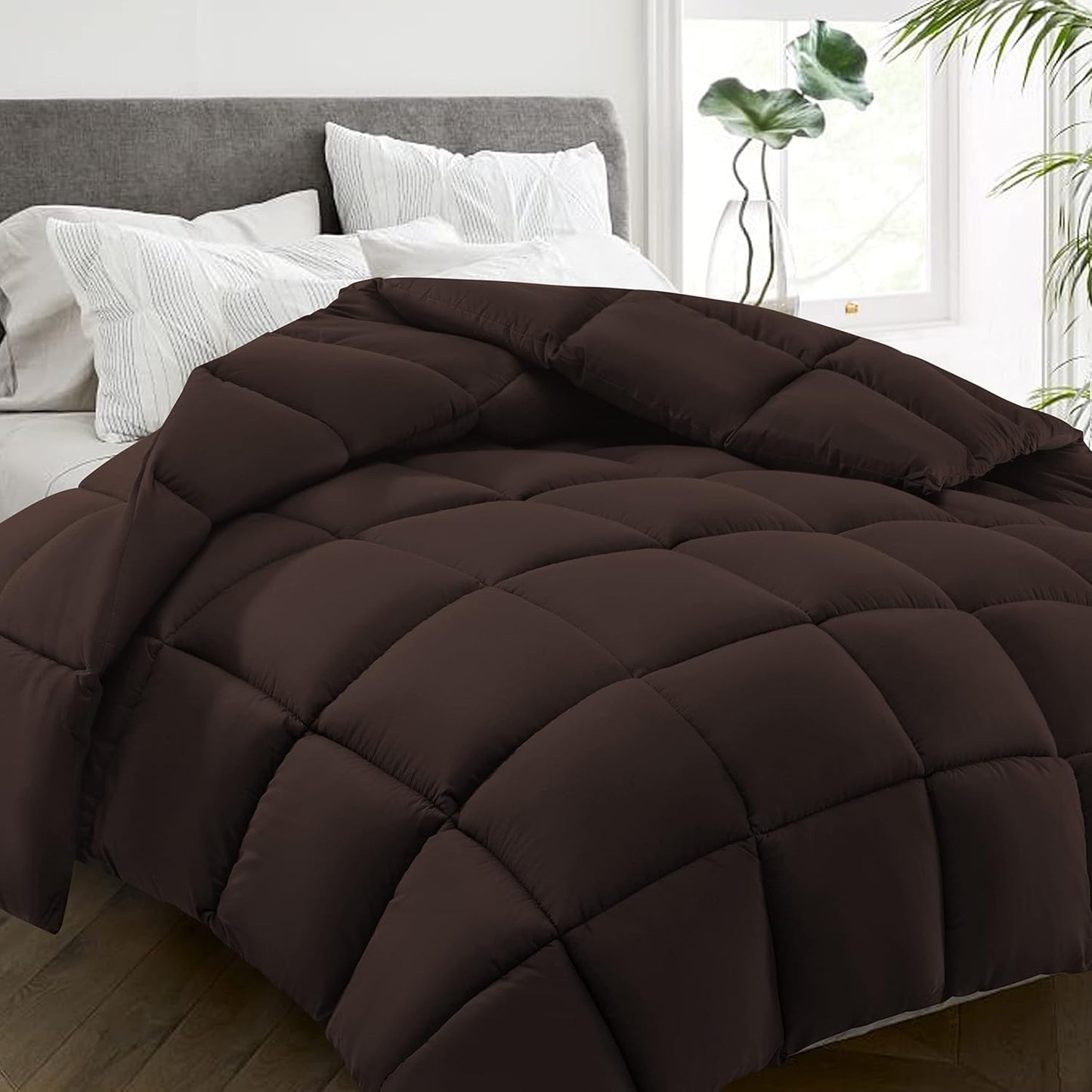 HYLEORY All Season Queen Size Bed Comforter - Cooling Goose Down Alternative Quilted Duvet Insert with Corner Tabs - Winter Warm - Machine Washable - Brown