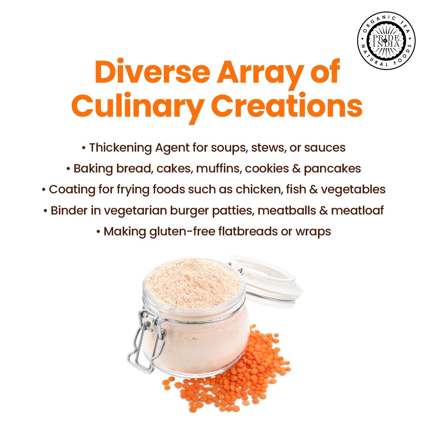 Pride of India- Red Lentil Flour 1 lbs (454 gm) Hint of Sweetness Slightly Nutty Earthy Flavor Freshly Milled in Small Batches |Ideal for Cakes Sauces Pasta Crepes Meatballs | Vegan, Gluten Free