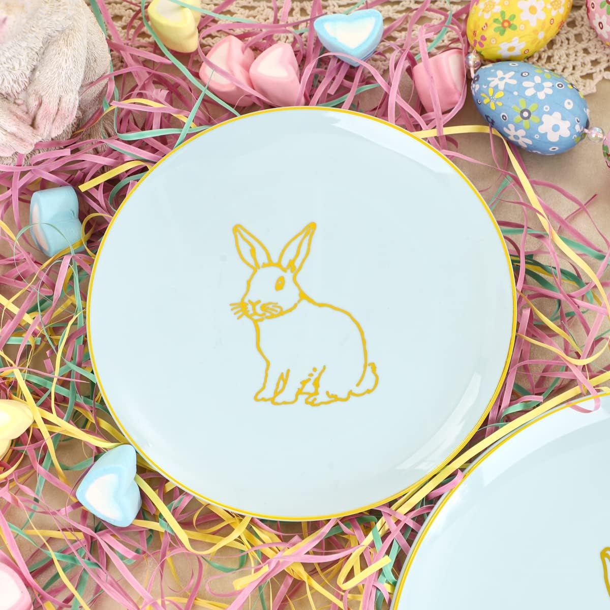 KIRE 60 Pieces Easter plates with Gold Bunny-Mint Green Plastic Plates include 30Pieces 10.25inch Dinner Bunny and 30Pieces 7.5inch Green Dessert/Salad Plates for Easter Day