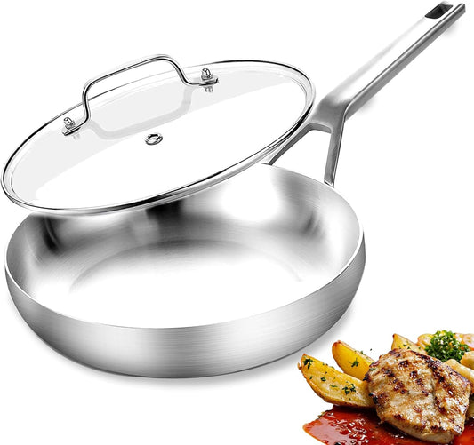 Tri-Ply Fully Bonded Stainless Steel 12Inch Frying Pan With Lid, Up to 600℉ Full Clad, Large Cooking Surface for Searing, Induction Ready, Dishwasher and Oven Safe