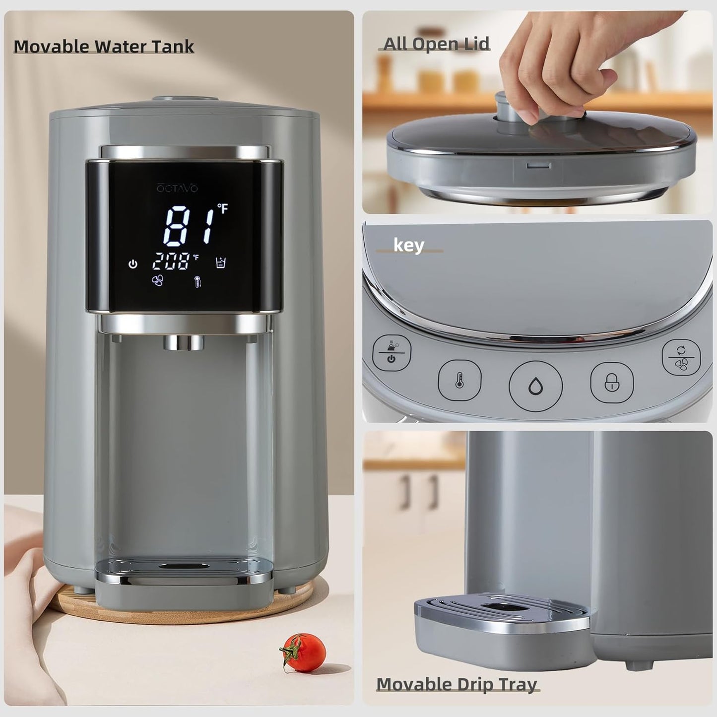 OCTAVO Water Boiler & Warmer 5 Liter, 304 Stainless Steel Water Tank, 700 Watt 6 Adjustable Water Temperature, LCD Touch Control Screen, Child Lock with Water Shortage Indicator