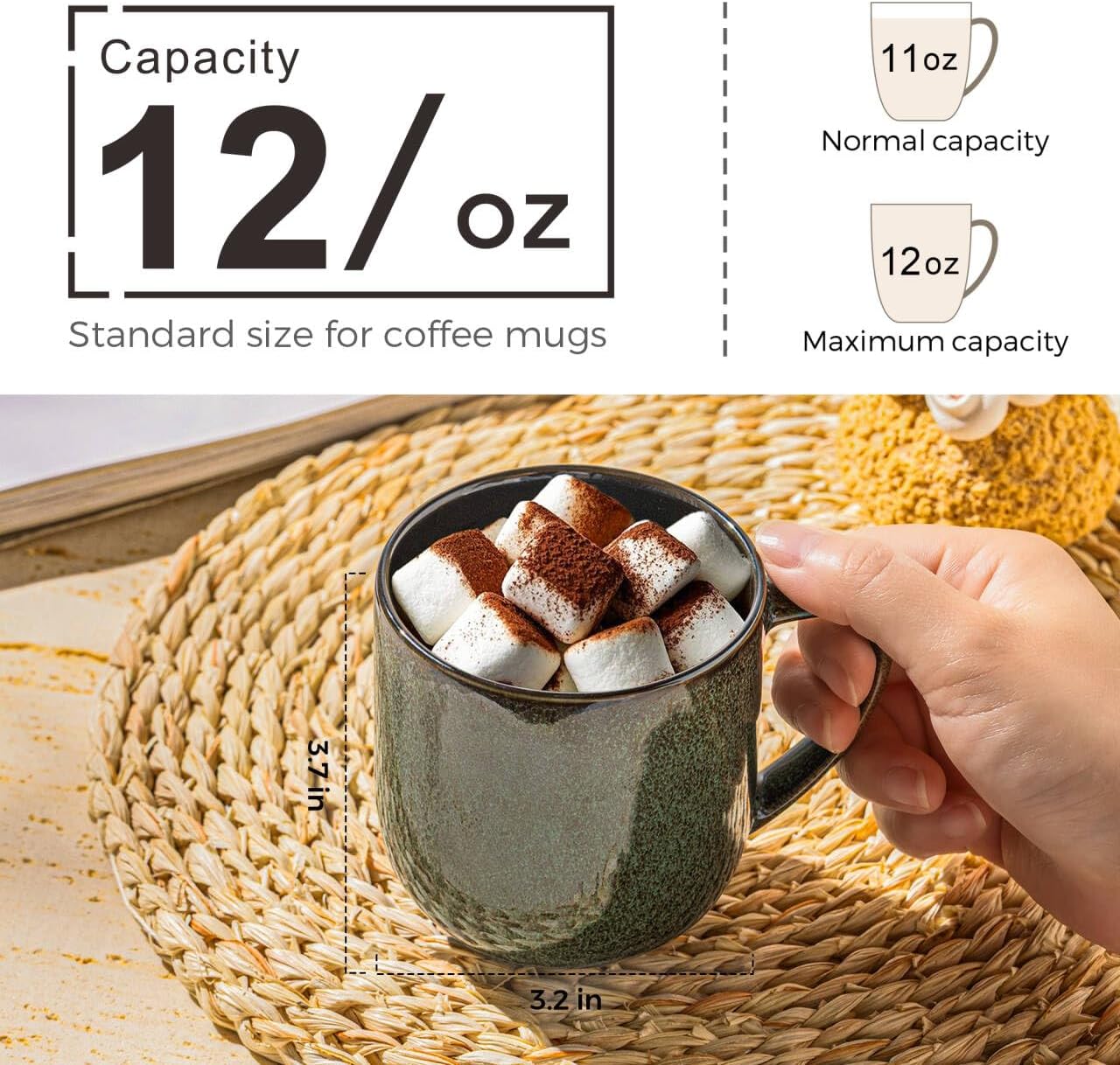 LERATIO 12OZ Ceramic Coffee Mugs Set of 6, Large Porcelain Coffee Cups With Large Handle For Latte,Cappuccino,Milk,Cocoa,|Dishwasher&Microwave Safe Mug Sets,Ideal for Man,Woman,Dad, Mom-Green