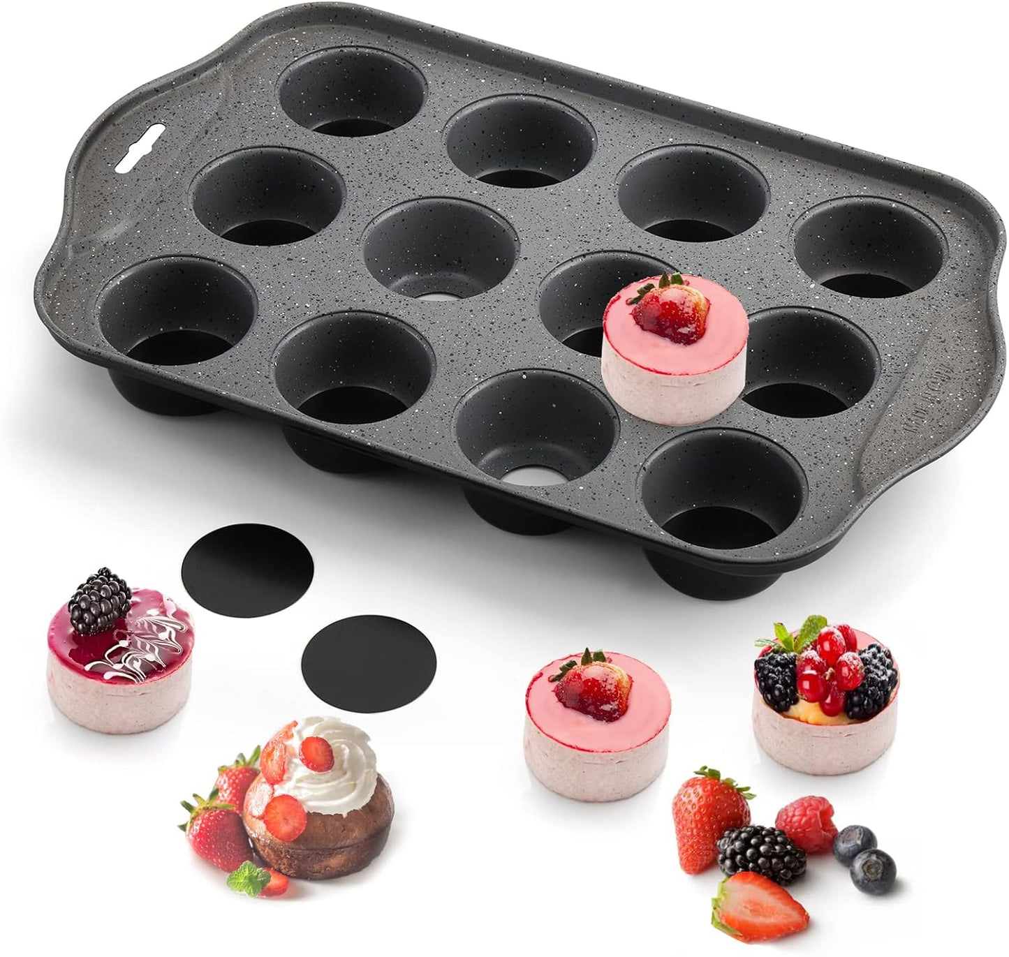 Tosnail 2 Pack 12 Cavity Mini Cheesecake Pan, Mini Cupcake Muffin Baking Pans with Removable Bottom, Round, Black
