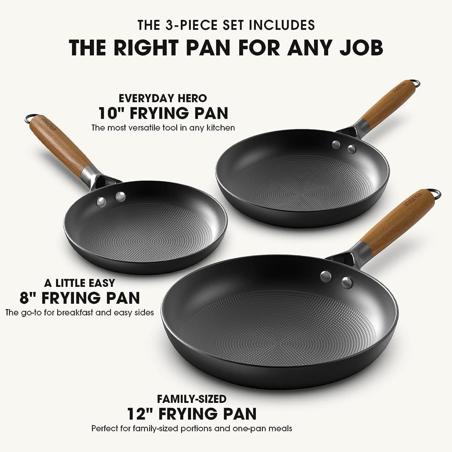 imarku Non Stick Frying Pans - 8&10&12 Inch Frying Pan Nonstick Professional Cast Iron Skillet Dishwasher Safe Nonstick Frying Pan Set, Detachable Handle, Christmas Gifts