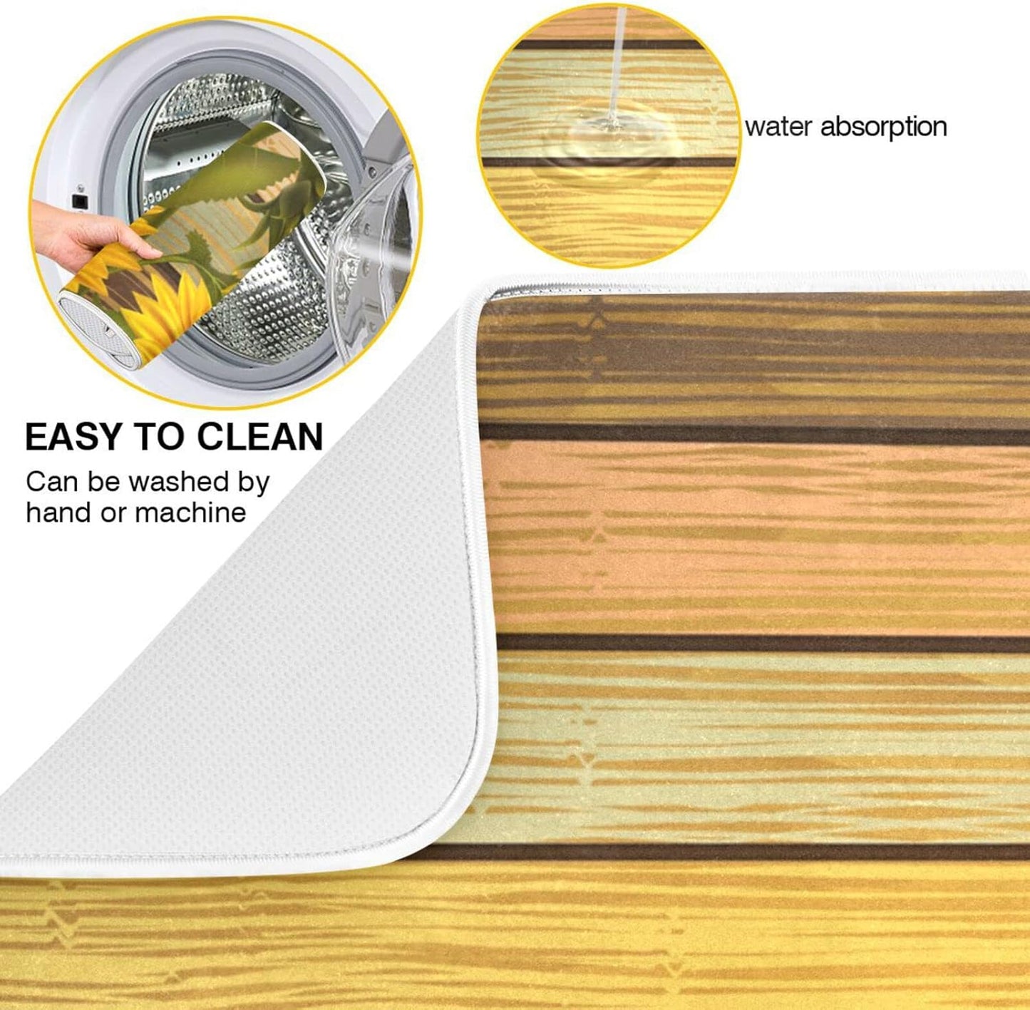 Super Absorbent Dish Drying Mat, Microfiber Fast-Drying Dish Mat, 16" x 18", Kitchen Dish Drying Pad, Sunflower On Wooden Board Vintage