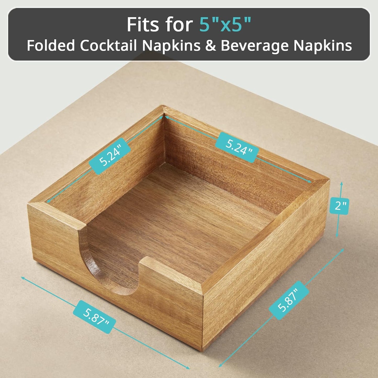 Acacia Wood Cocktail Napkin Holder, Beverage Napkin Holder for 5 x 5 inch Napkin, Square Paper Napkin Caddy for Bar, Party, Table, Dinner, Kitchen, Bathroom