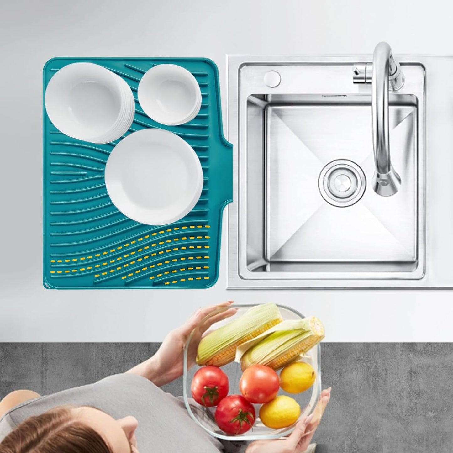 Silicone Dish Drying Mat for Kitchen Counter, Dish Drying Pad, Non-Slip Drain Pad with Built-in Drain, Heat Resistant Stone Drying Mat(15.8" x 13", Green)