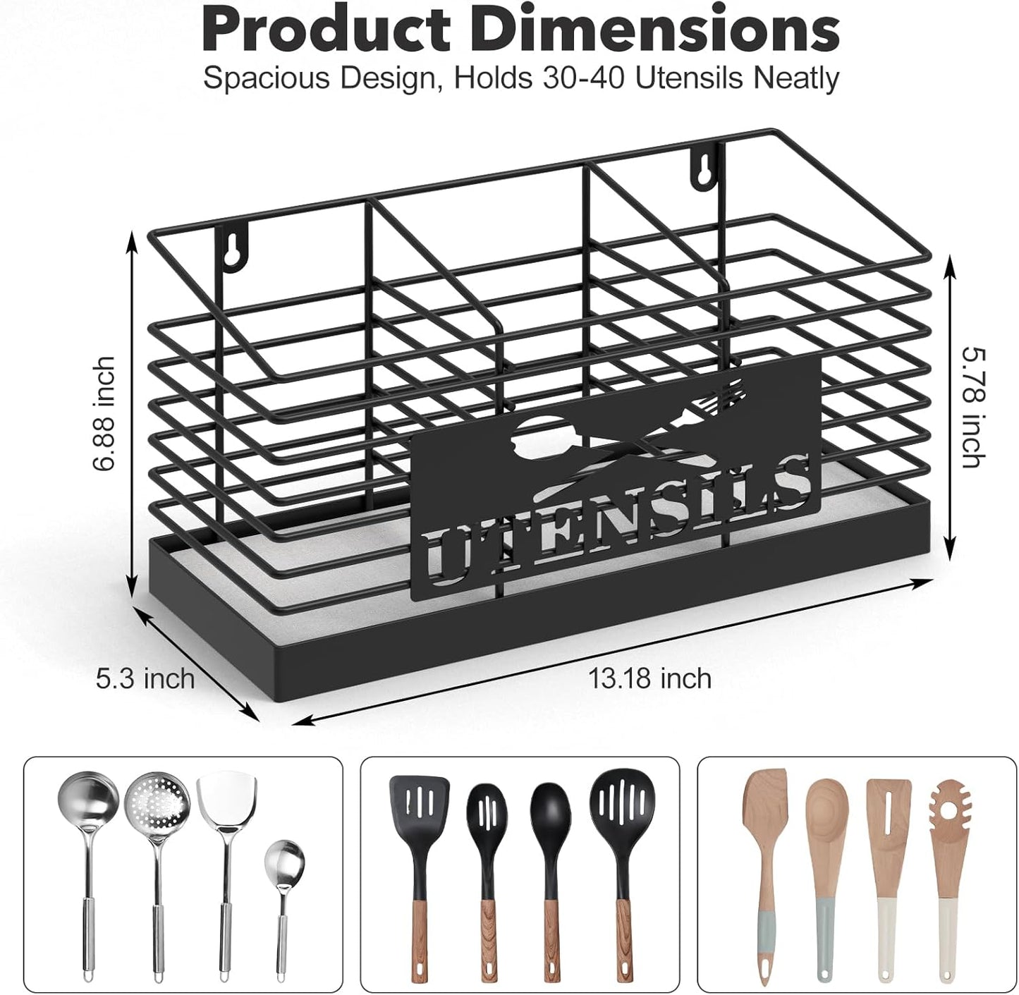 Utensil Holder for Kitchen Counter with Fast-Drying Diatomaceous Earth Base, Large Utensil Organizer with 3 Compartments, Black Metal Cooking Tools Storage